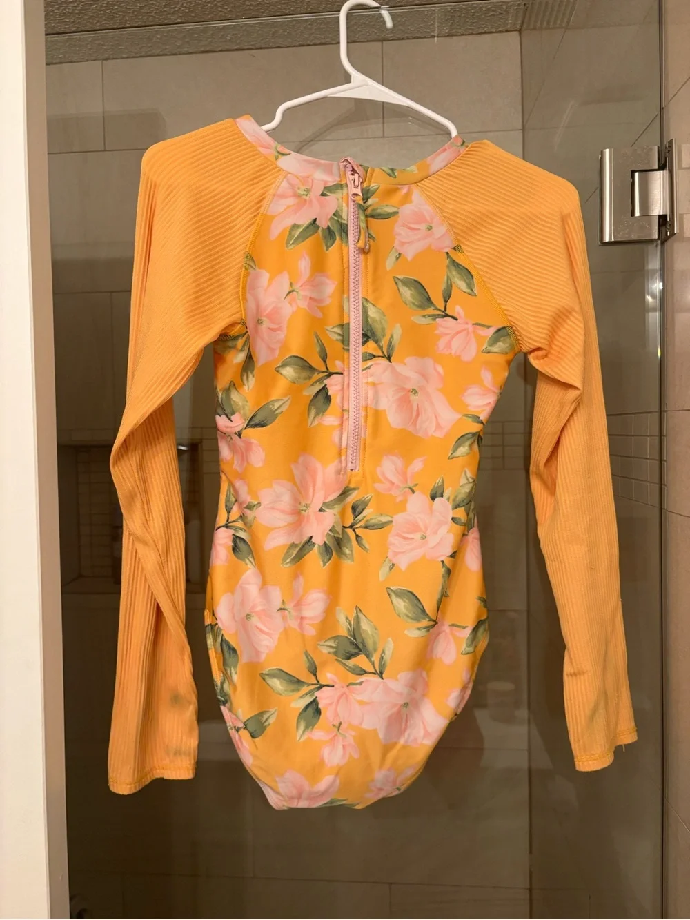 art class Long-Sleeve One-Piece Swimsuit in Yellow with Pink Floral